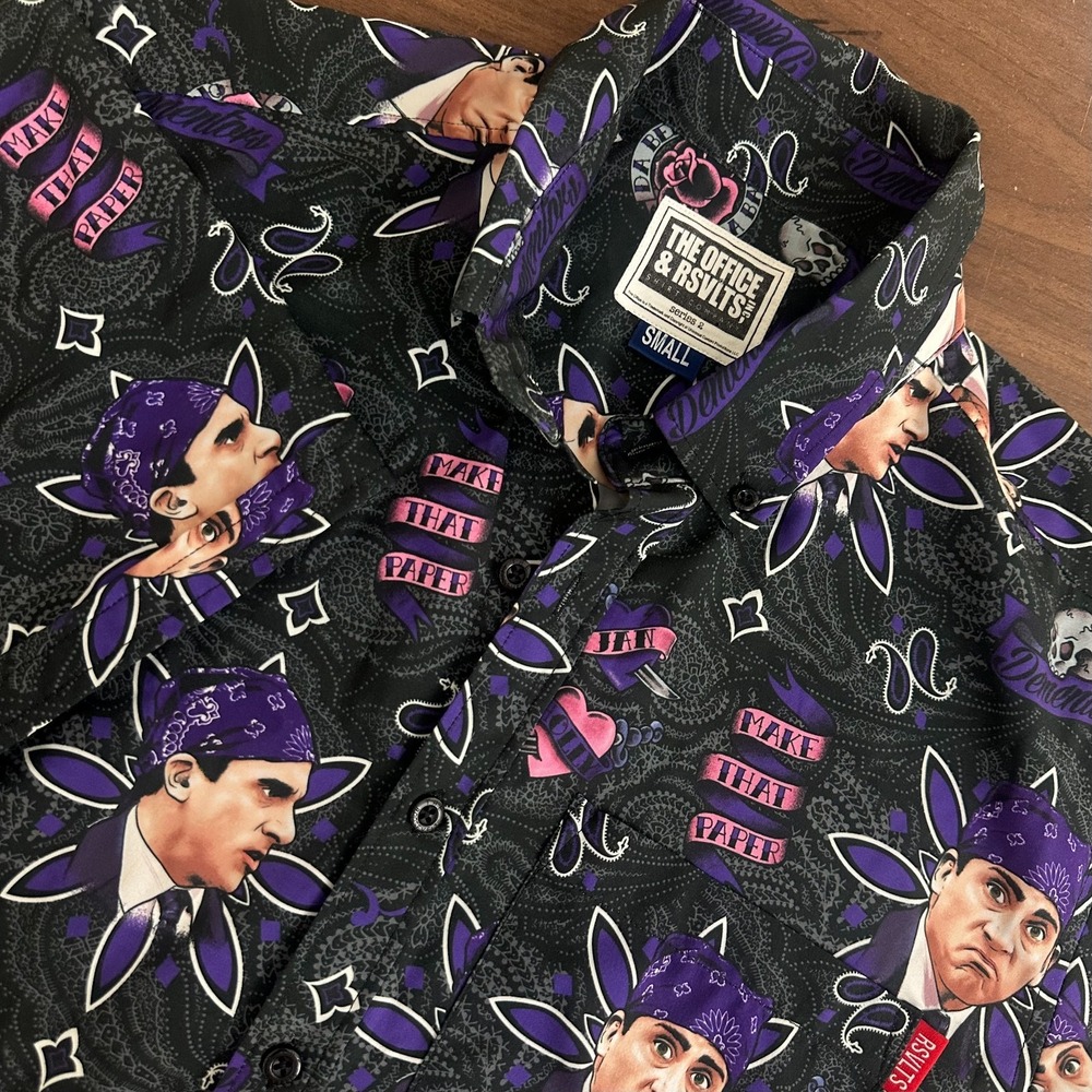 RSVLTS The Office Shirt Black Purple Prison Mike Print Button Down Mens Small